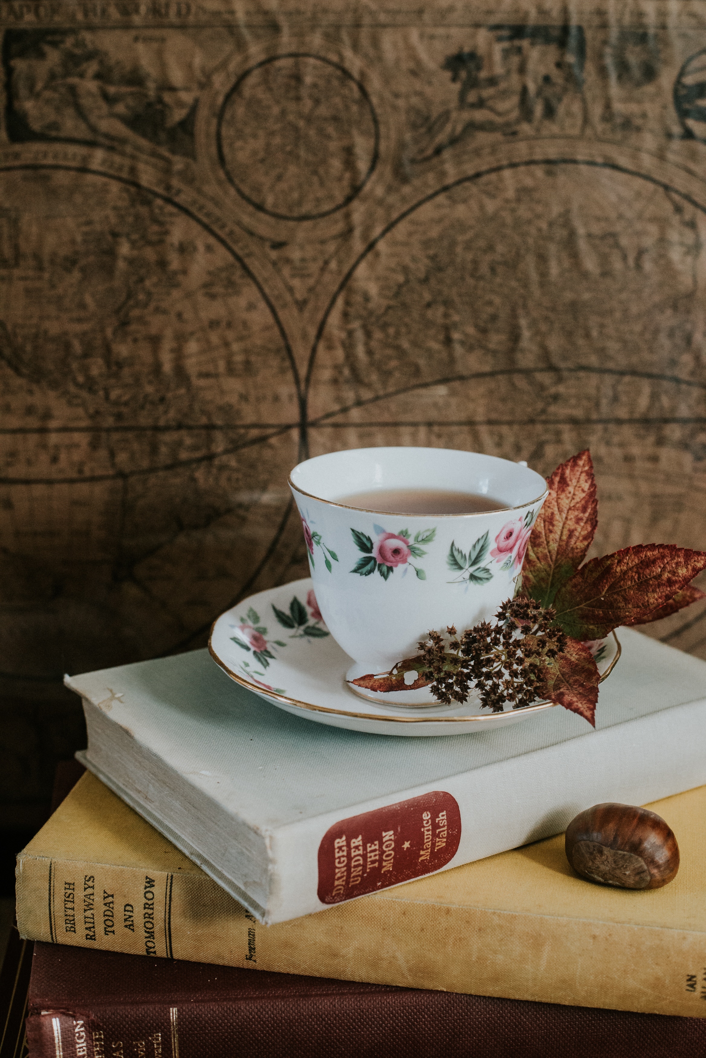 Cup filled with Welsh tea on top of 2 books