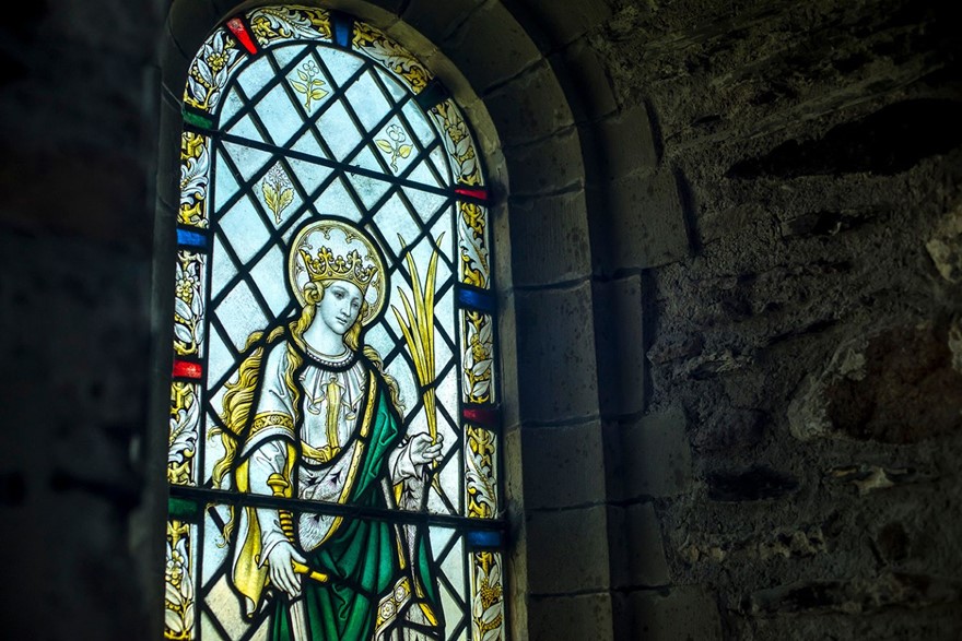 Stained glass windows at St Nons Chapel near St Davids