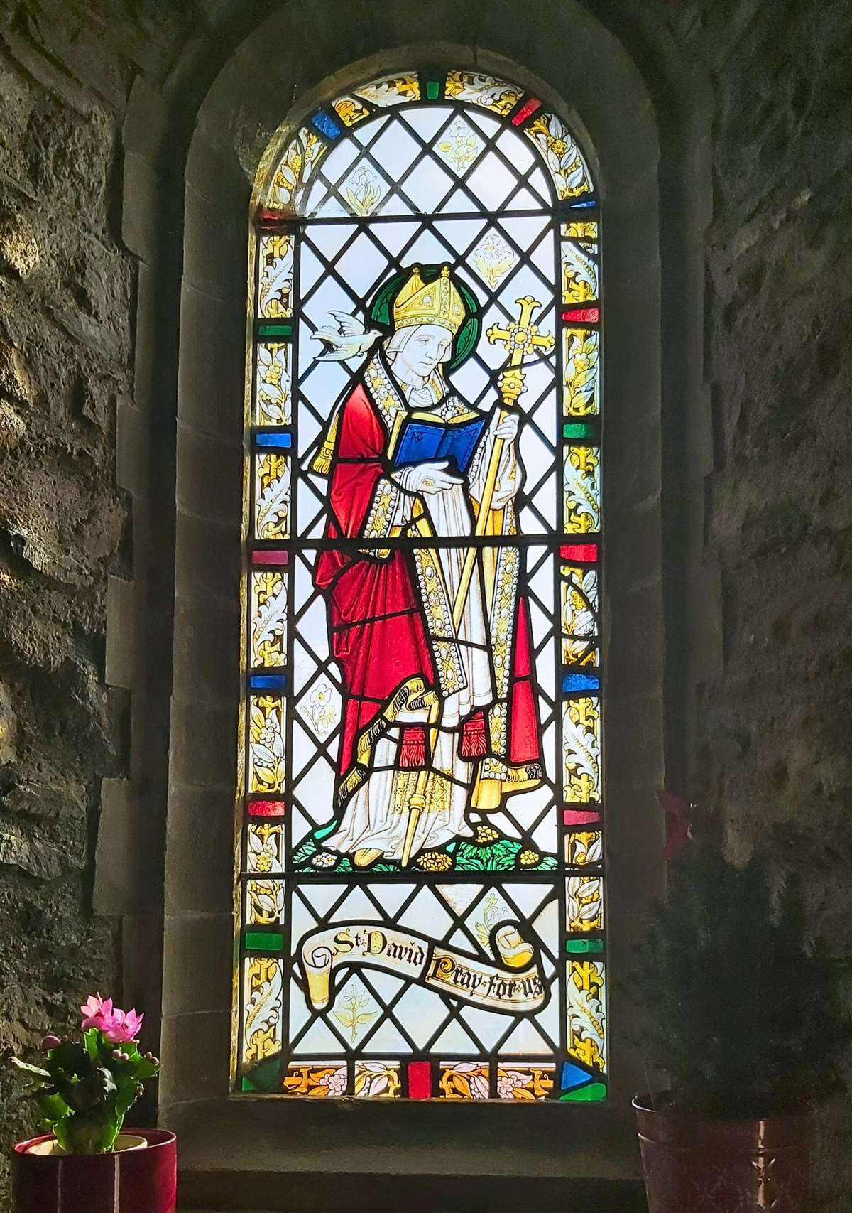 Stained glass window of St David at St Nons Chapel